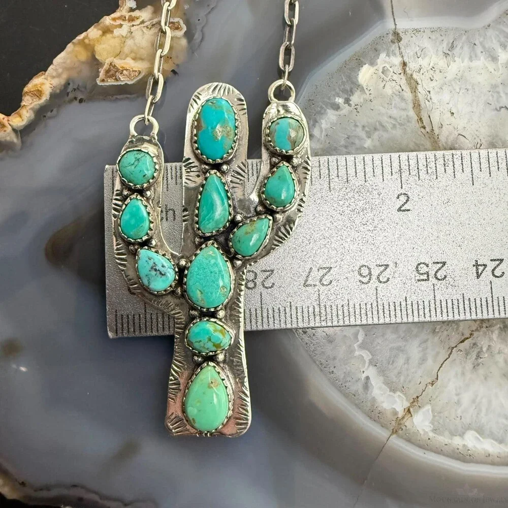Sterling Southwestern Style Kingman Turquoise Cactus Pendant 22.5